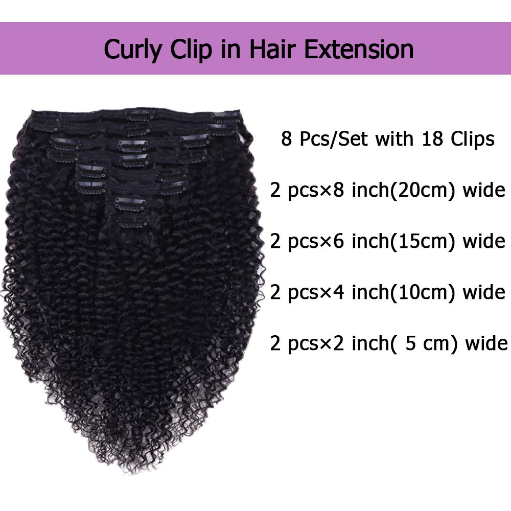 Curly Clip In Extension Human Hair 3C 4A Kinky Curly Clip Ins Full Head for Black Women Brazilian Remy Human Hair Natural Color 8Pcs with18clips 120g/Set(22 inch, curly wave)