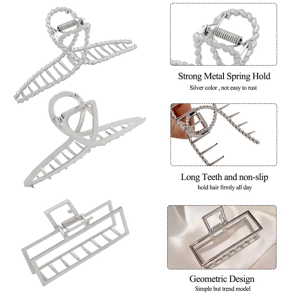 3pcs Hair Claw clips for Women, Metal Silver Large Hair clips for Thick Thin Hair, Geometric Cross Square Jumbo Catch Barrette Clamps, Fashion Hair Accessories Nonslip Hairgrip