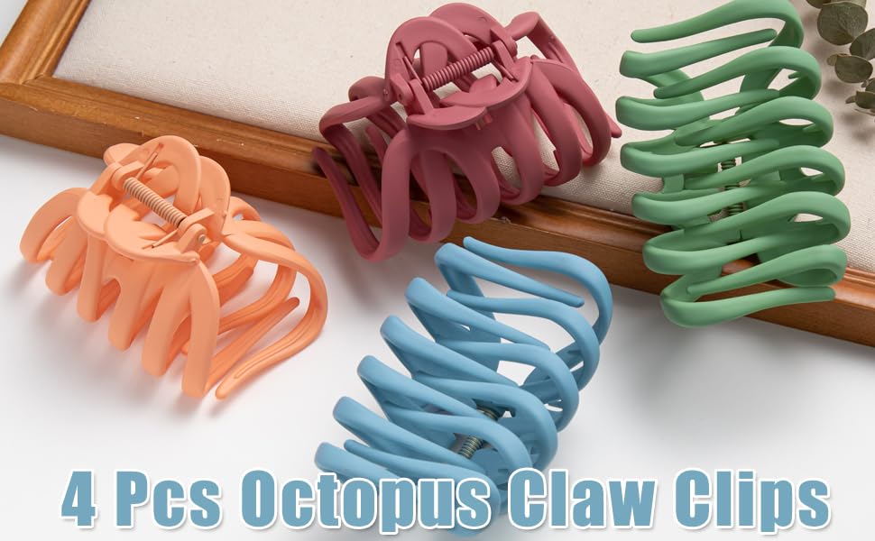 4 Pcs Large 3.8" Octopus Claw Hair Clips for Women - Strong Grip Non-Slip Jaw Clips for Thick, Fresh Color Hair