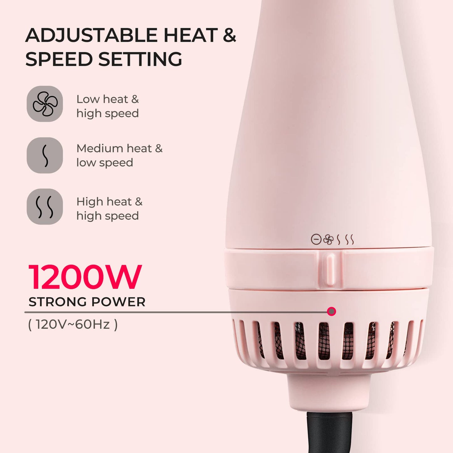 TYMO Pink Volumizer Hair Dryer Brush with Titanium Barrel, 1200W, 3 Speeds, Nylon Bristles, Ionic Technology, Salon Long-lasting Hairstyles, Hot Air Brush for Women, Designed for 120V USA Outlets