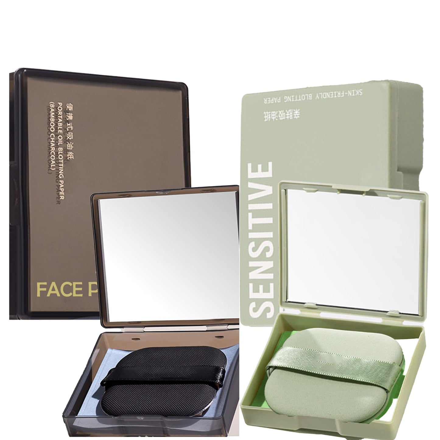 100 Sheets Bamboo Charcoal Oil Blotting Paper & 100 Sheets Green Oil Blotting Paper, Mirror&Puff, Absorbs Excess Face Oil, Controls Shine, Gentle for Makeup Use.