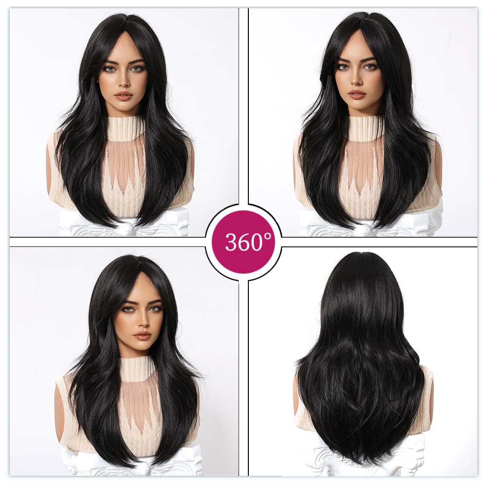 Esmee Long Straight Dark Brown Wig for Women with Curtain Bangs Natural Synthetic Hair Wigs for Daily Party Use 20 Inches