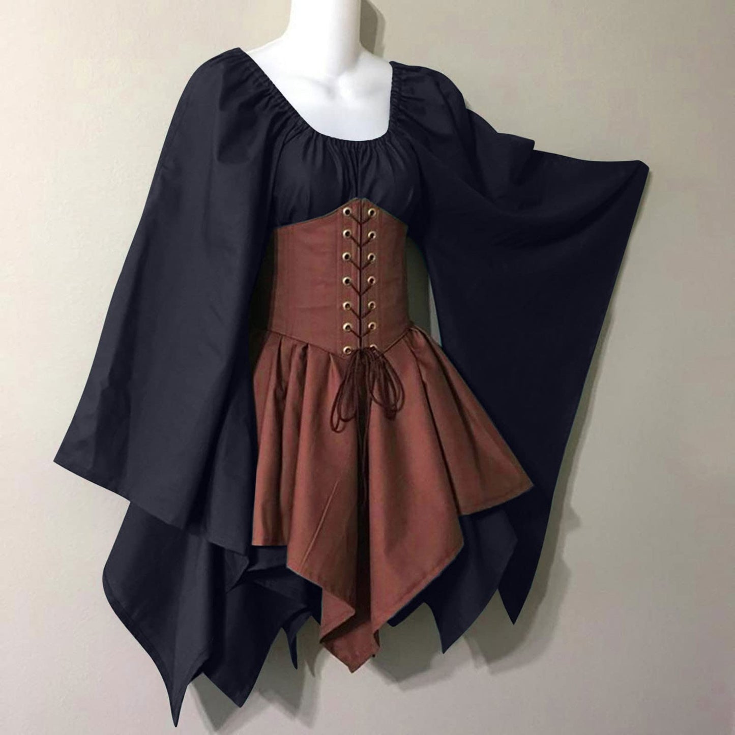 KEGIRLOM Max Subscription for Prime Members Women's Medieval Renaissance Dress Costume Flare Sleeve Corset Skirt Overskirt Elven Archer Irish Over Gown 2pcs Set,Medieval Dress for Women Hooded