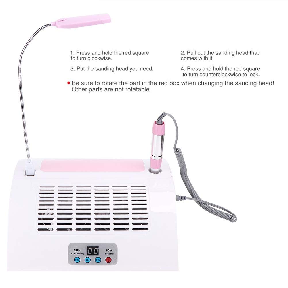 5 in 1 Nail Dust Collector with Drill, 60W Multi Functional Nail Grinding Machine Nail Dust Cleaner Manicure Light Hand Rest Pillow for Salon Home Manicure Pedicure(US)