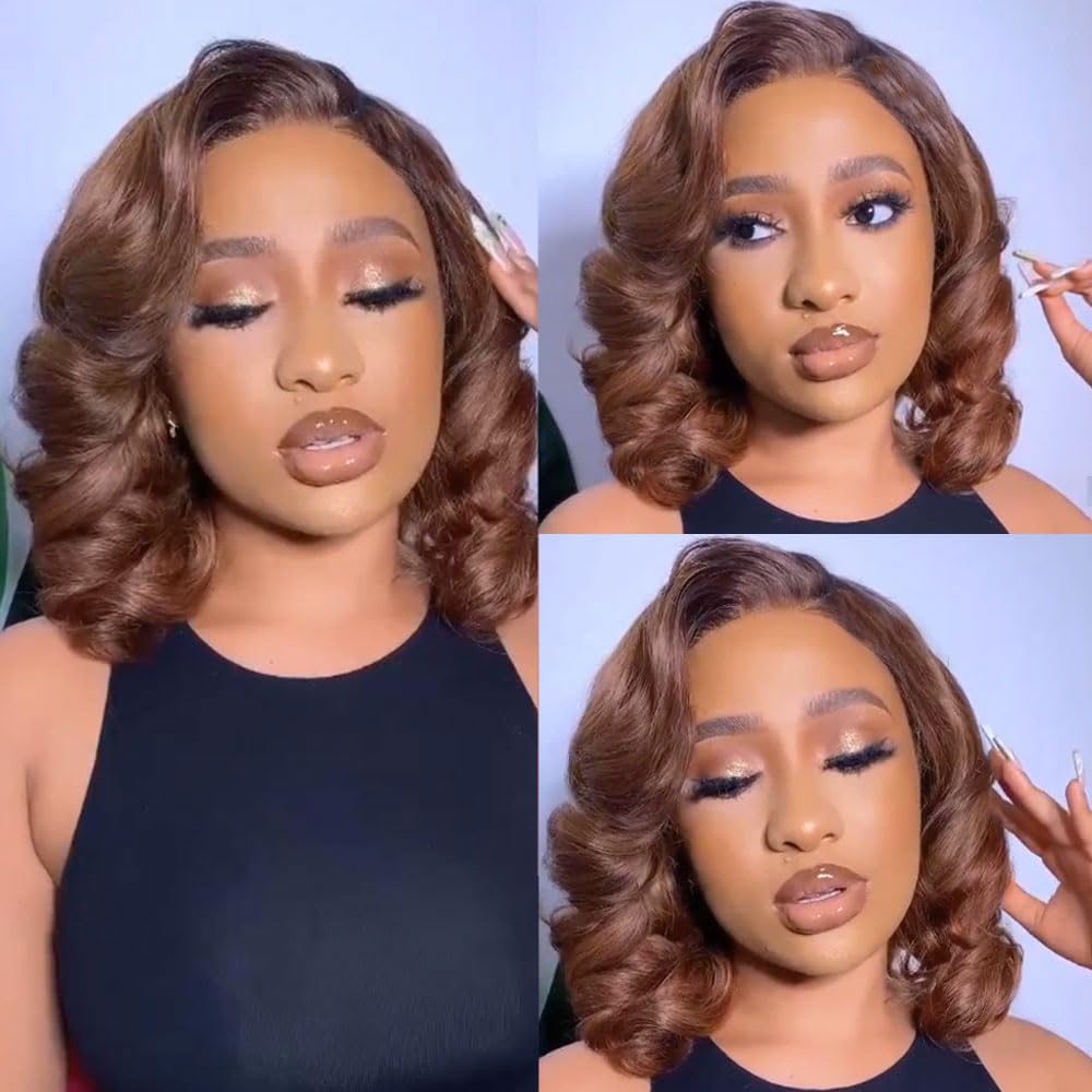 250% Density Loose Deep Wave Brown Lace Front Wigs Human Hair Wear and Go Glueless Short Bob Wigs Human Hair 4x4 HD Lace Closure Wigs with Elastic Band (16inches)