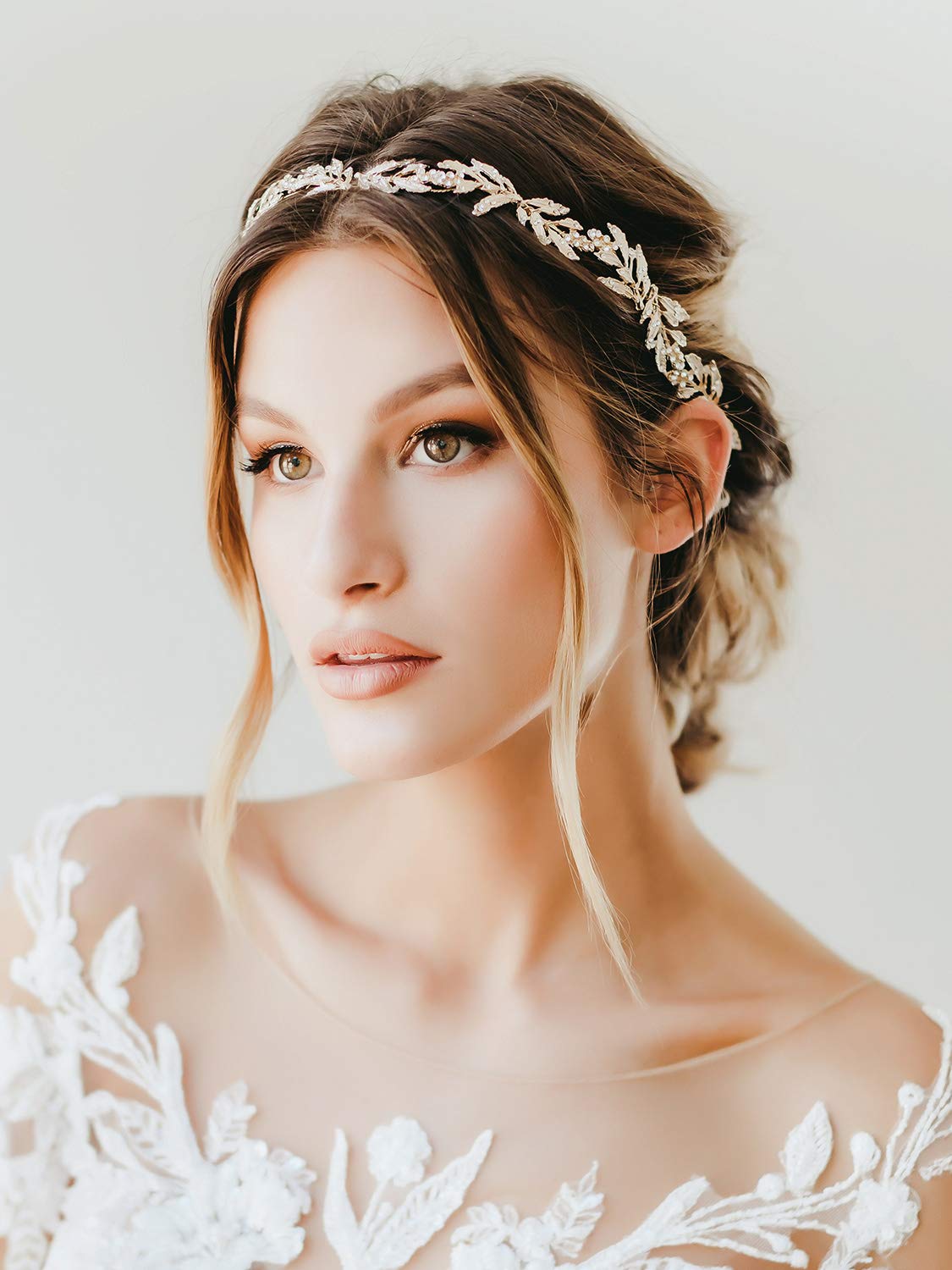 SWEETV Leaf Wedding Headpieces for Bride Flower Girl Gold Bridal Headband with Rhinestones Women Handmade Hair Accessories