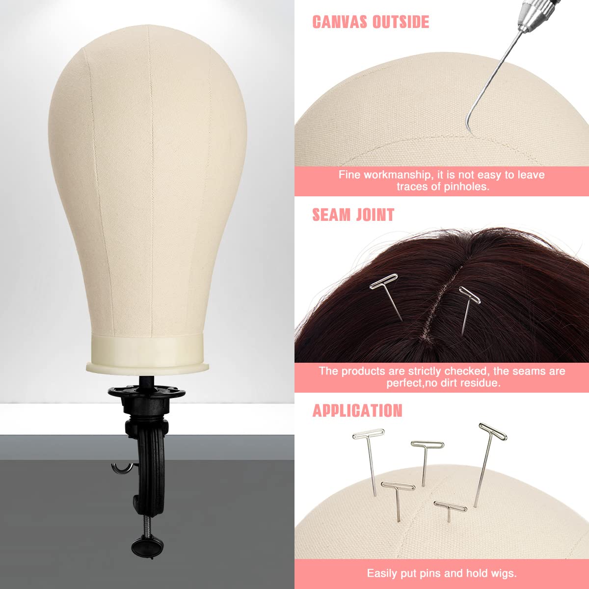 22 Inch Wig Head (White), Wig Stand Tripod with Heads, Canvas Block Head Mannequin Head Stand Wigs Display Styling Head With Mount Hole, Manikin Canvas Head Block Set for Wigs Making Display with Wig Caps, T Pins C Pins Set Bristle Brush