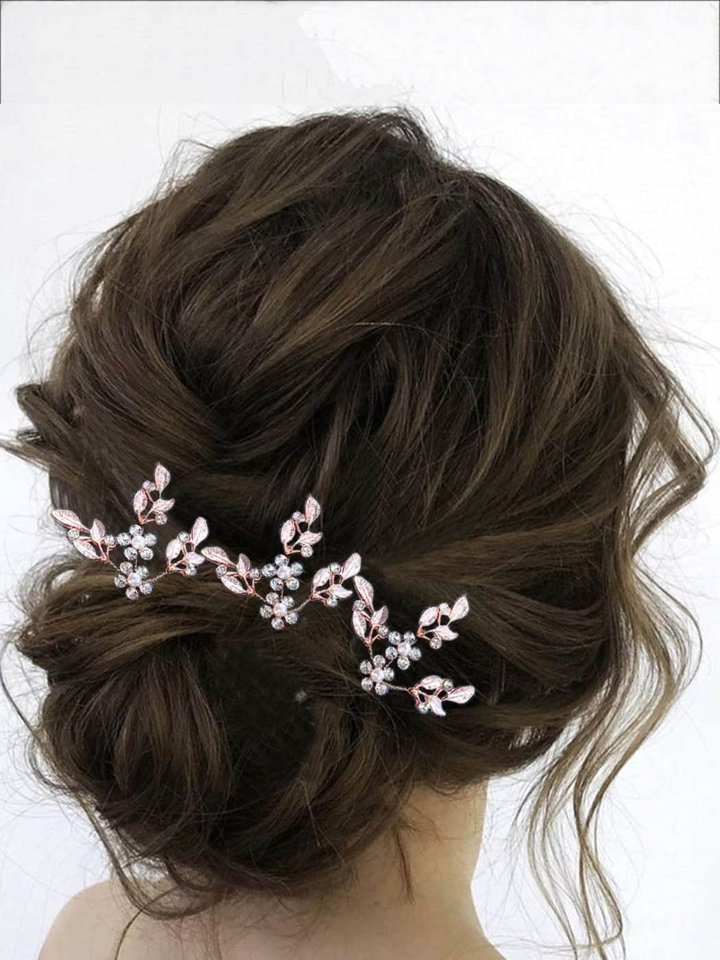Heread Leaf Bride Wedding Hair Pins Crystal Bridal Head Dress Pearl Hair Accessories for Women and Girls (Pack of 3) (A Rose Gold)