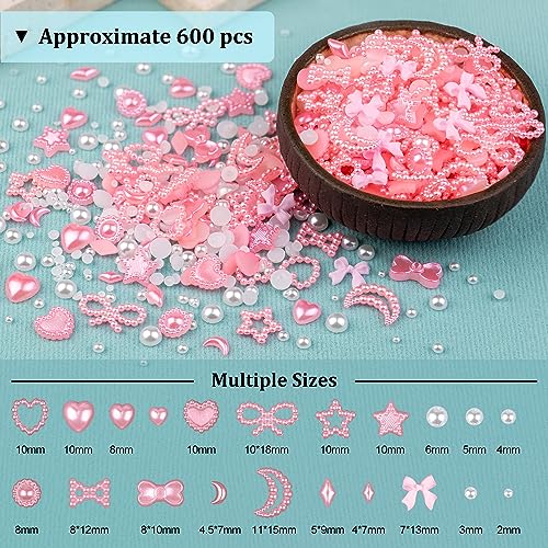 600Pcs 3D Multi Shapes Nail Charms and Flatback Pearls, Light Pink&White Mix Styles Heart Star Bow Sunflower Embellishments for Nail Art, Craft and Decoration with Tweezer and Pickup Pencil