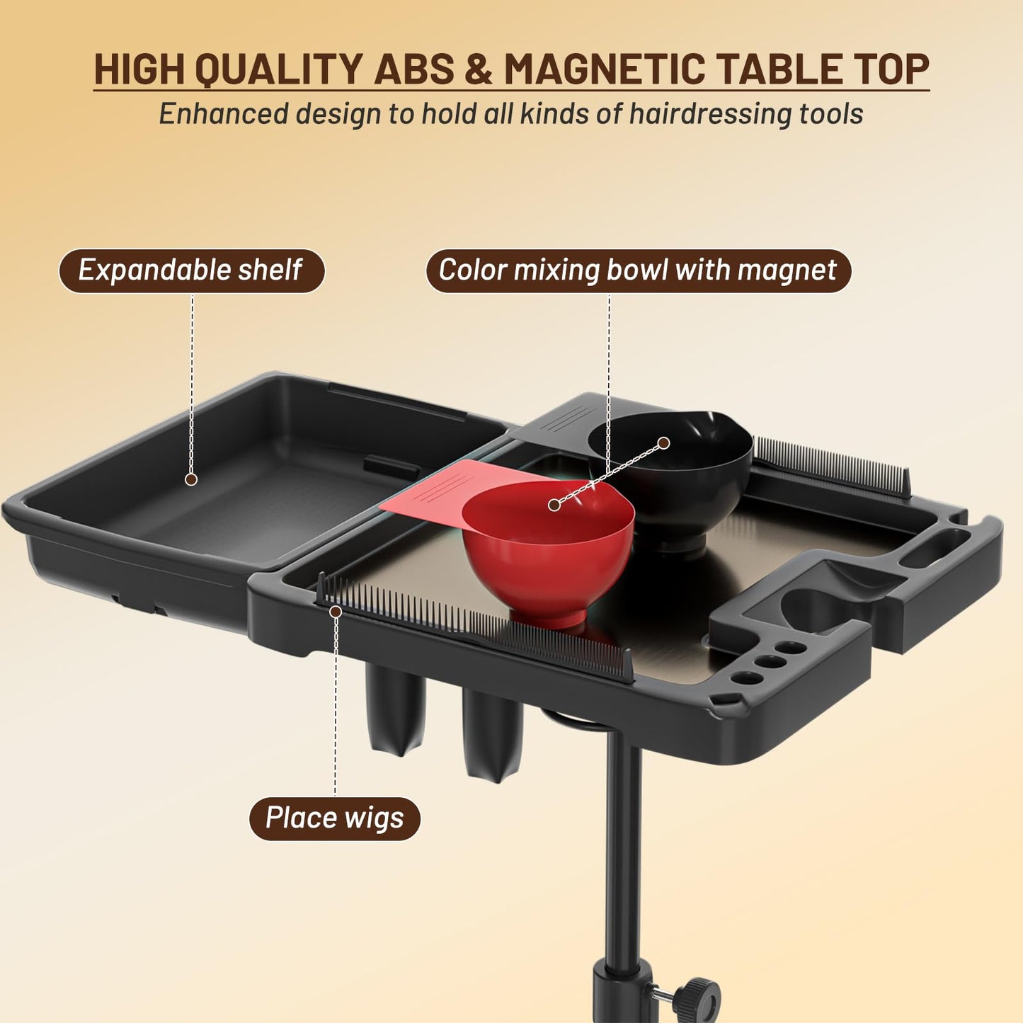 ABTSalon Magnetic Salon Tray on Wheels with All-Metal Frame Rolling Hairstylist Tray with Drawers Hair Stylist Tray with 2 Magnetic Mixing Bowls Salon Stations for Hair Stylist Tray