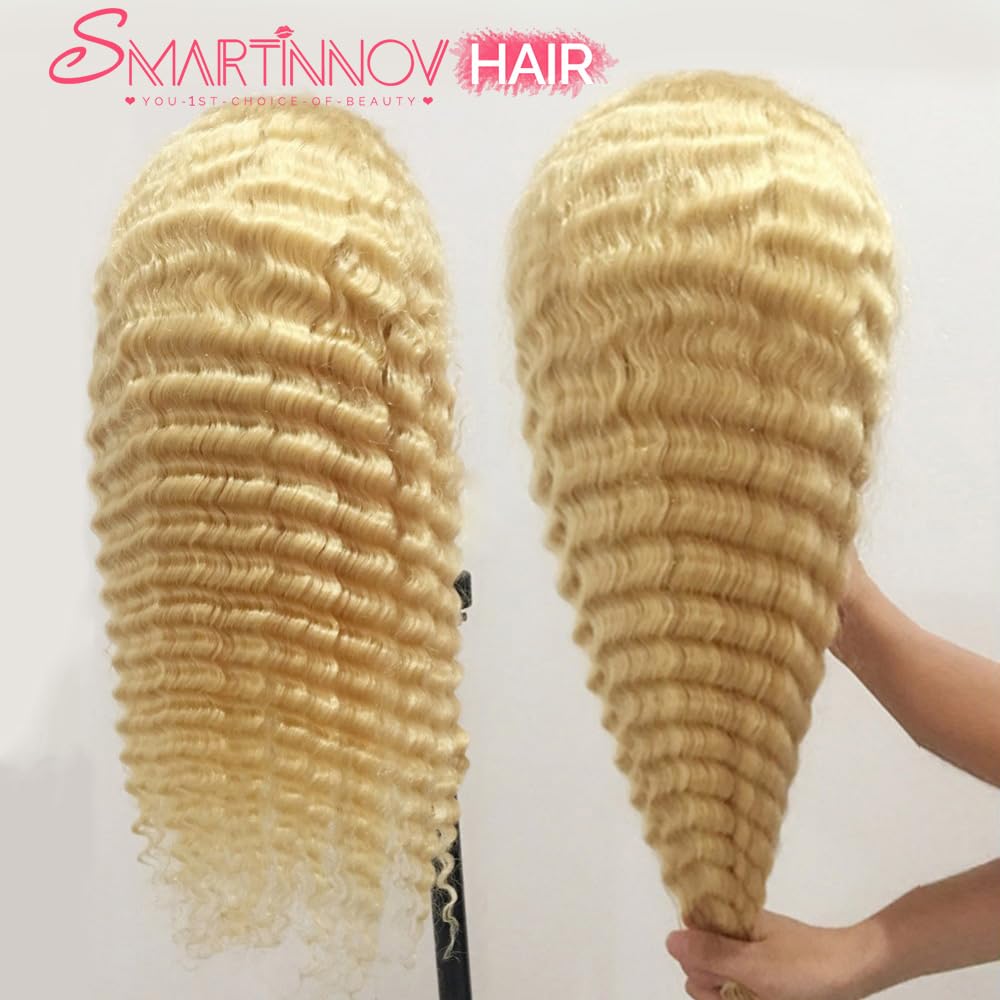 613 Human Hair Wig Deep Wave 13x6 HD Transparent Lace Frontal Wigs for Women Deep Parting Pre Plucked 613 Blonde Wig with Baby Hair 150% Density 20 Inch Curly Glueless Brazilian Virgin Hair