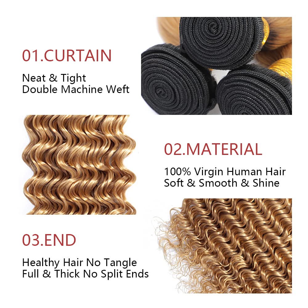 1B27 Ombre Deep Wave Human Hair Bundles Honey Blonde Deep Wave Hair 3 Bundle 24 26 28 Inch Unprocessed Virgin Hair Bundle Brazilian Remy Hair Weave Double Weft Hair Extensions