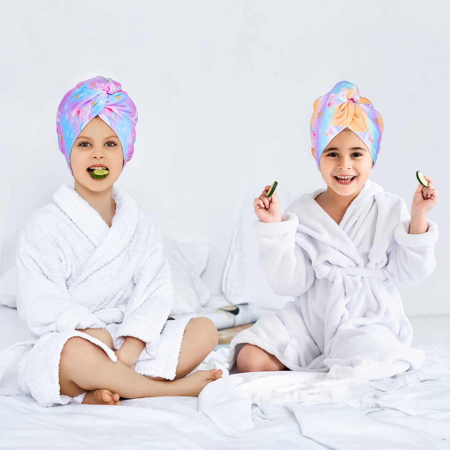 FIOBEE Microfiber Hair Towel Wrap for Kid Rapid Drying Towel Absorbent Hair Turbans for Wet Hair with Button Women Girls Long Curly Hair Pack of 2, Light Purple
