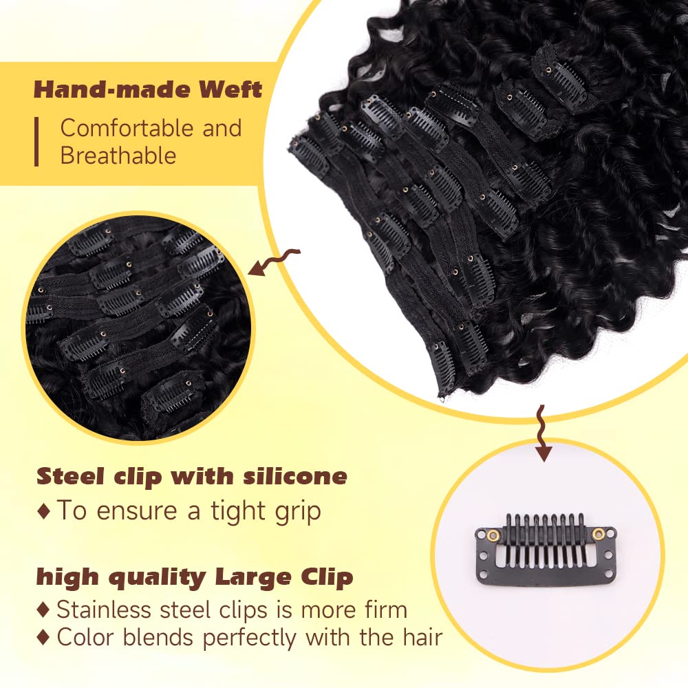 Tahikie Deep Wave Clip ins Human Hair Extensions for Women 8Pcs Deep Wave Clip in Hair Extensions Real Human Hair Thick to Ends with 18Clips Double Weft 120g (14 inch, #Natural Color)