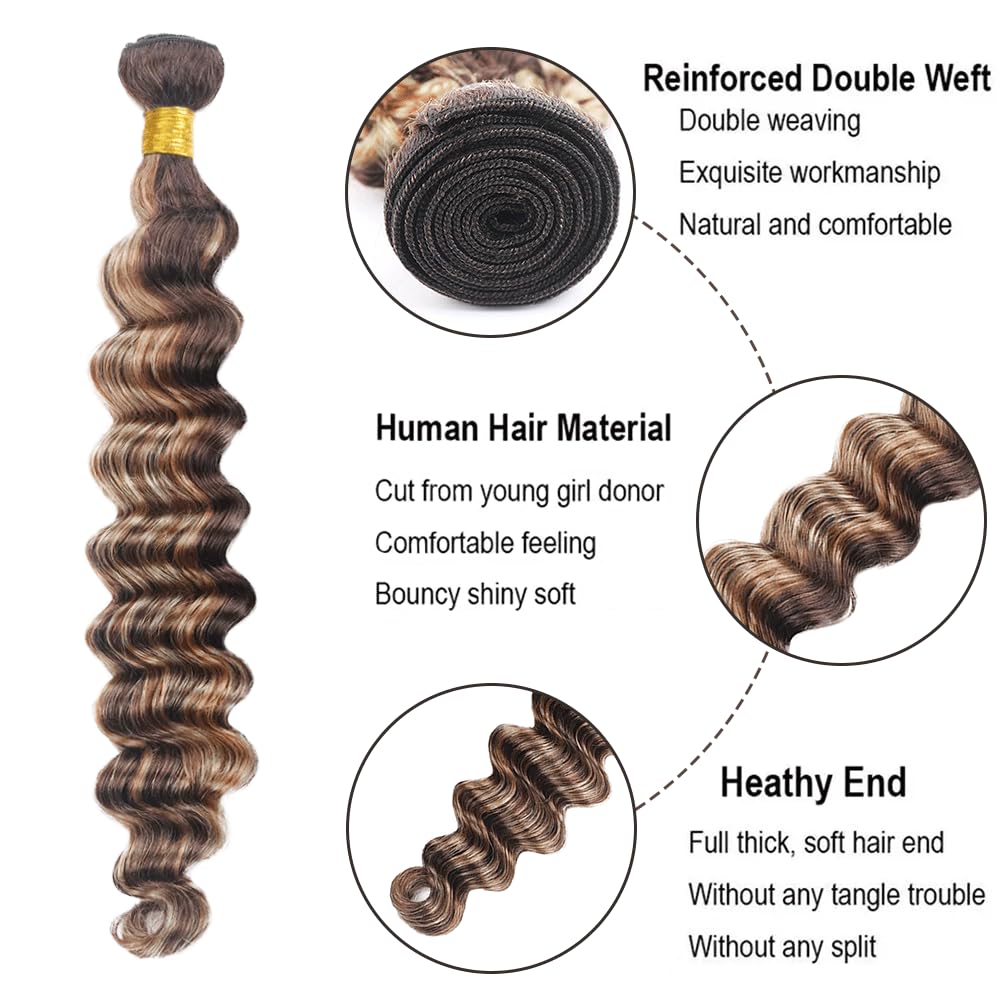 30 Inch P4/613 Bundles Highlight Deep Wave Human Hair Bundles Two Tone Dark Brown Mixed With Blonde Bundles Human Hair 613 Deep Curly Bundles Ombre Bundles