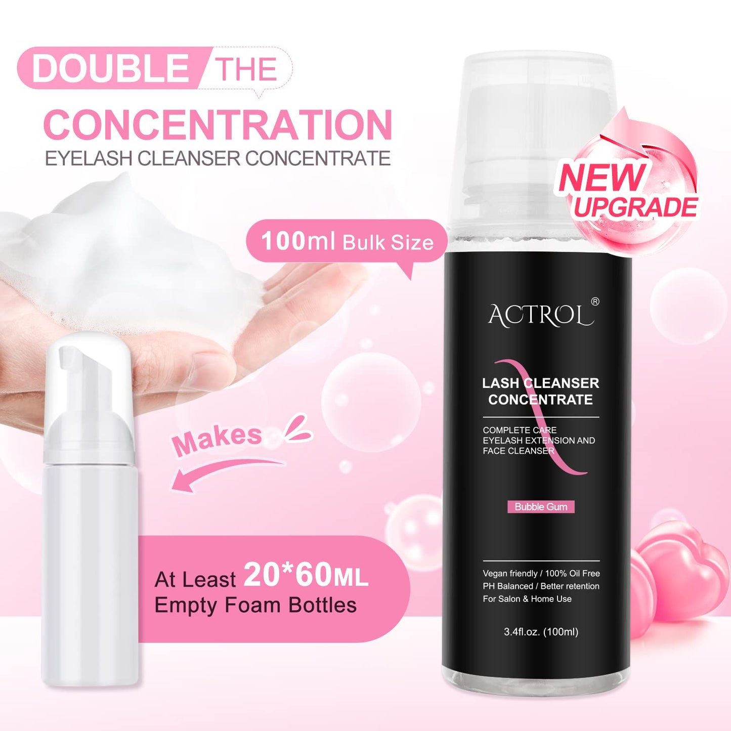 ACTROL Eyelash Cleanser Concentrate 100ml Bubble Gum Professional Lash Shampoo Foaming Cleanser Lash Wash Concentrate for Extensions Lashes with Salon Home Care-Makes 40 Bottles