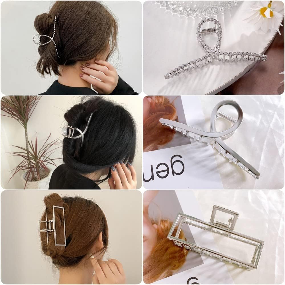 3pcs Hair Claw clips for Women, Metal Silver Large Hair clips for Thick Thin Hair, Geometric Cross Square Jumbo Catch Barrette Clamps, Fashion Hair Accessories Nonslip Hairgrip