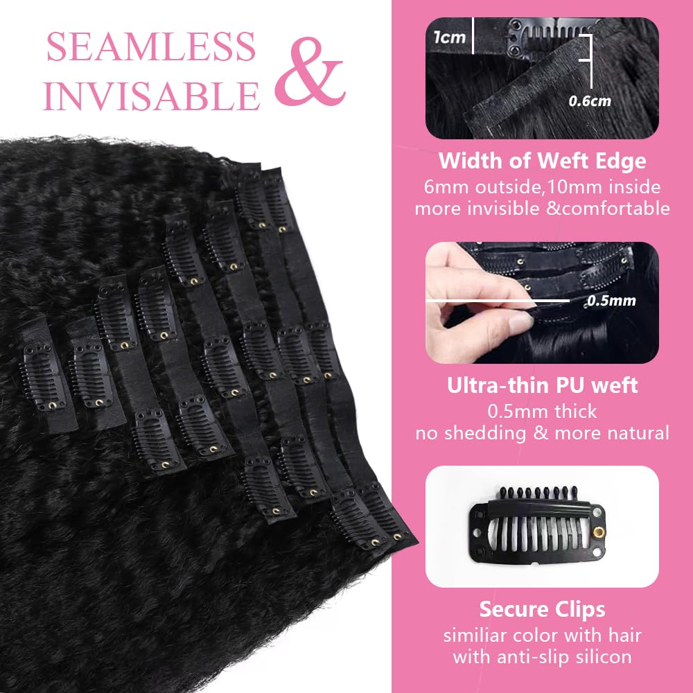 Seamless Clip In Hair Extensions Human Hair Invisible Pu Skin Weft Kinky Straight Seamless Clip Ins For Black Women Real Human Hair Extensions 8pcs With 18clips Per Set 120g (20inch,Natural Black)