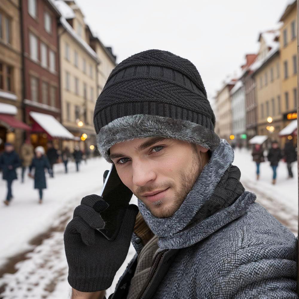 ABUDDER 6 Pieces Winter Beanie Hat Scarf Gloves Set for Men and Women,Knitted Cap Winter Hat Touchscreen Gloves Neck Warmer Set
