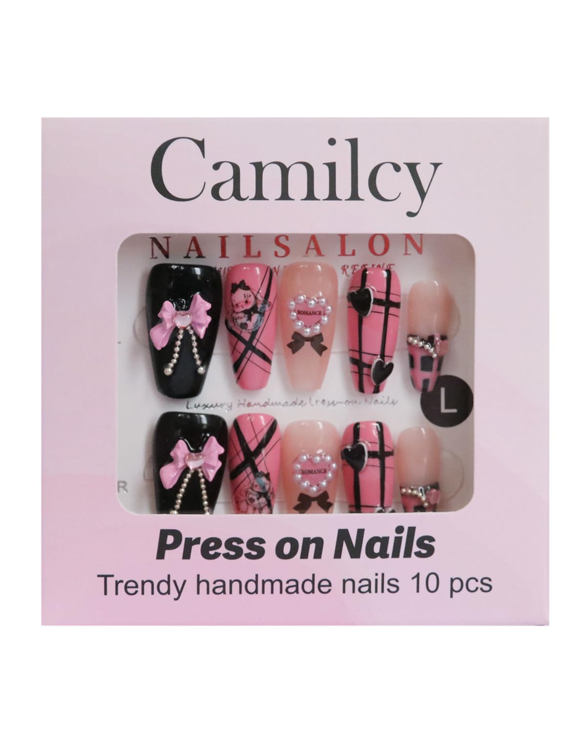 CAMILCY Press on Nails Handmade Nails Luxury Reusable Fake Nails For Girls Long Coffin Armor Pink Black Butterfly Hand Painted Salon Loveful Design Acrylic Gel UV Finished For Women 3D Nails 10PCS L