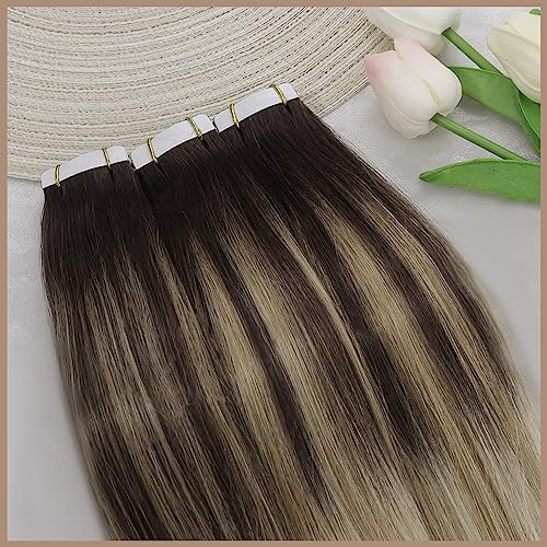 Ve Sunny Brown Tape in Hair Extensions Cool Brown Fading to Ash Brown Mix Light Blonde Tape in Hair Extensions for Women Brown Hair Extensions Short Straight Remy Hair 25g 14inch