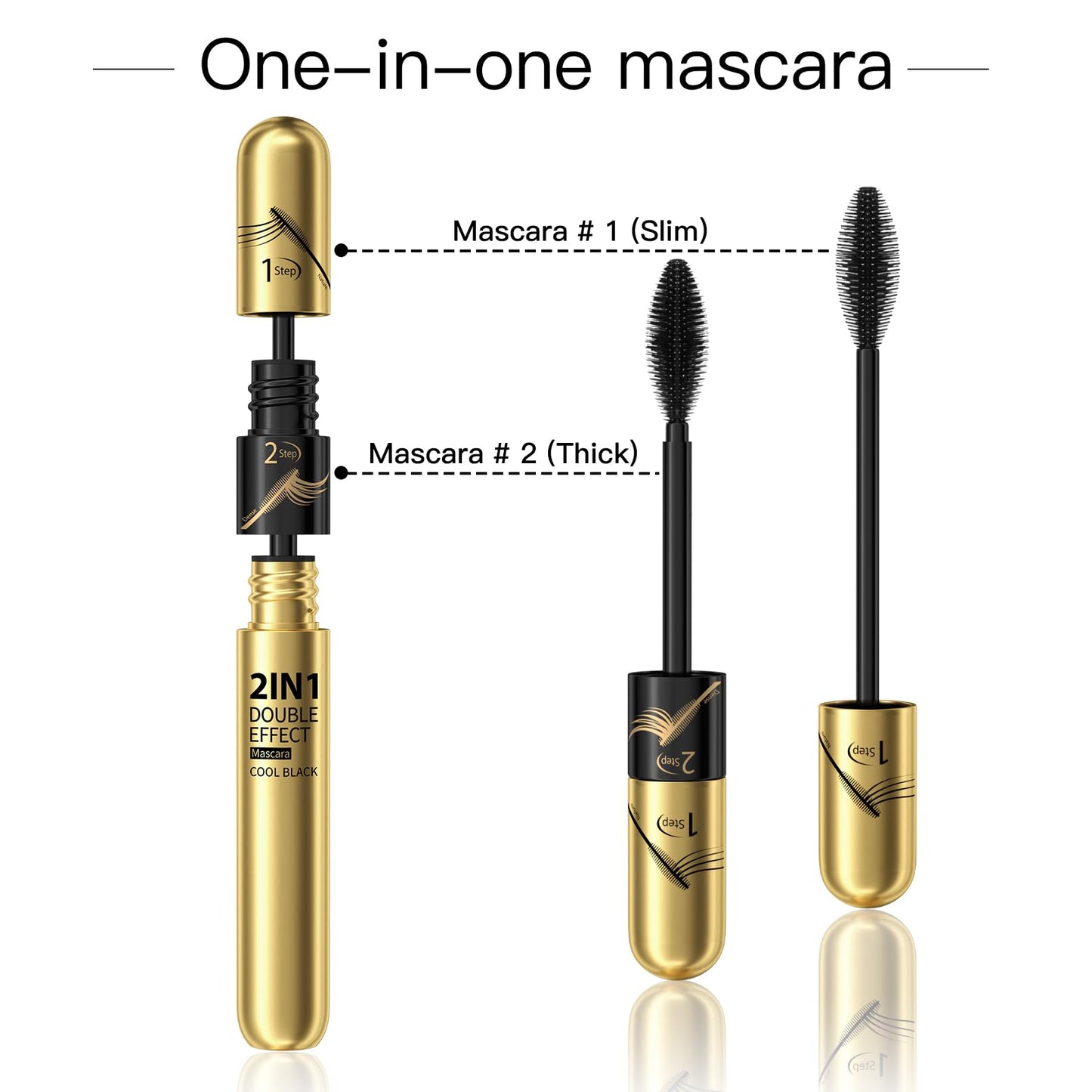 2 in 1 Double Black 4D tubing Mascara Volume and Length, Silk Fiber Lash Liquid Extension 5X Longer, Smudge Proof Waterproof and Sweat Resistant Fuller Mascara (Gold & Green)