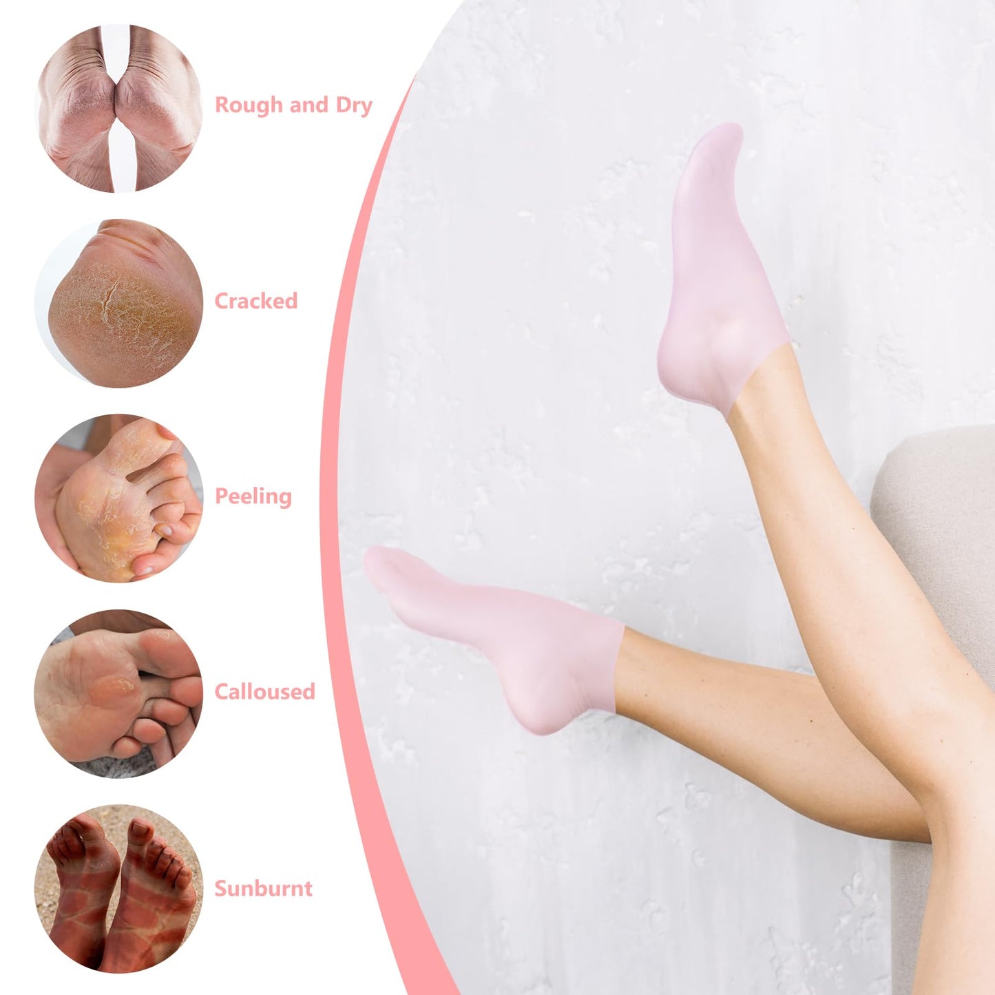 2Pairs Silicone Socks for Dry Cracked Feet Women,Non-Slip Moisturizing Foot Mask Exfoliating Socks,Gel/Aloe Vera SPA Repair Socks,Post Pedicure Heel Cracking & Softening Foot Treatment - Pink + White