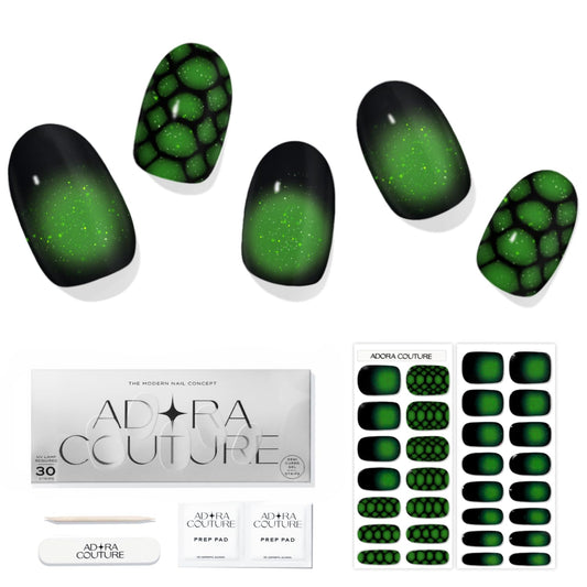 Adora Couture Semi Cured Gel Nail Strips with 30 Pieces, Salon Quality Nail Wraps for Women, Green Black Ombre Aura UV Gel Nail Stickers, UV Light Required, Lizard Green