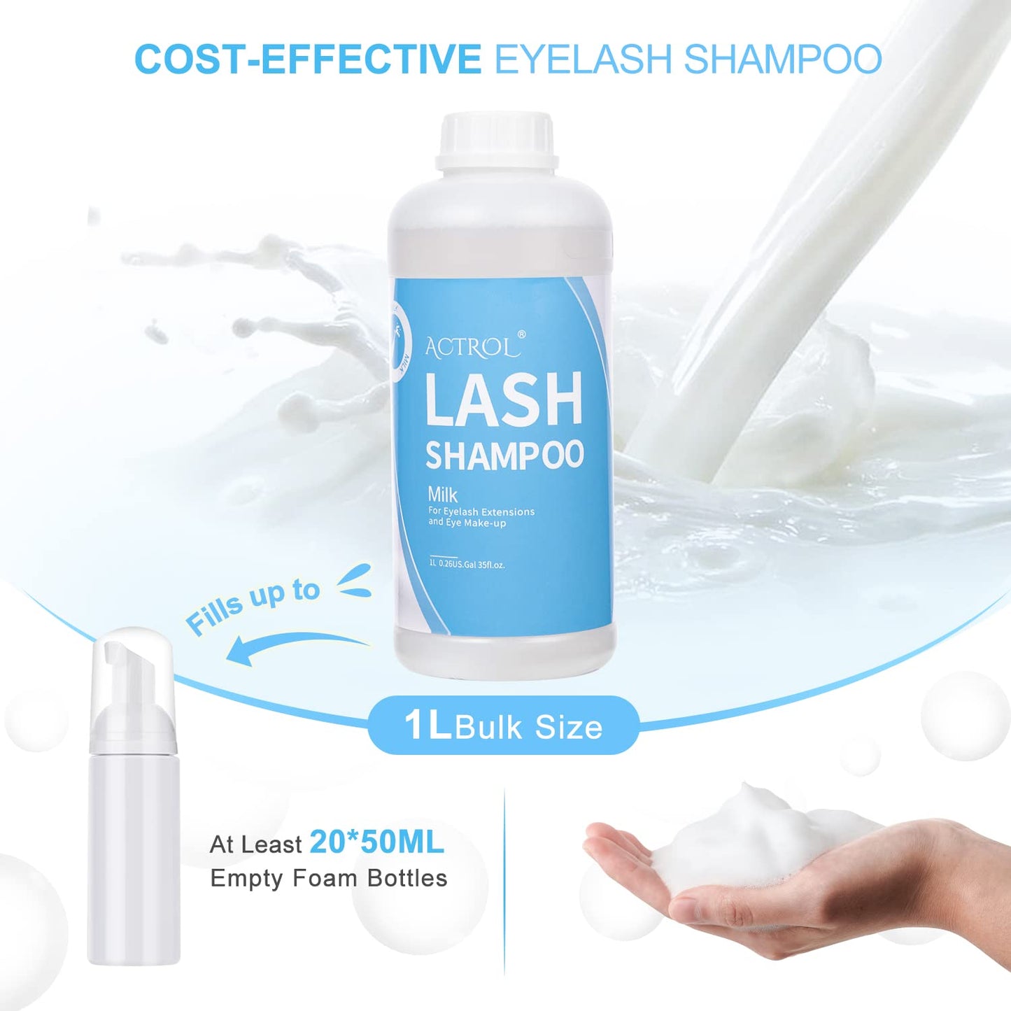 ACTROL Eyelash Extension Cleanser Milk 1L Natural Lash Extension Shampoo Professional Eyelid Foaming Cleanser Paraben & Sulfate Free Non-lrritating with Salon and Home Care