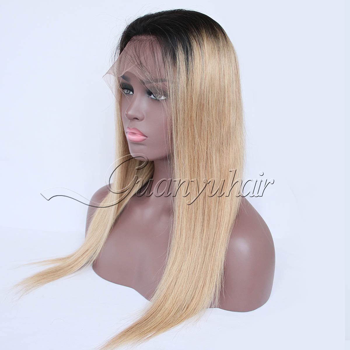 Guanyuwigs Ombre #1B/27 Honey Blonde 360 Lace Frontal Wig pre plucked Brazilian Human Hair Silky Straight Full Lace Wig For Black Women 150 Density 14inch