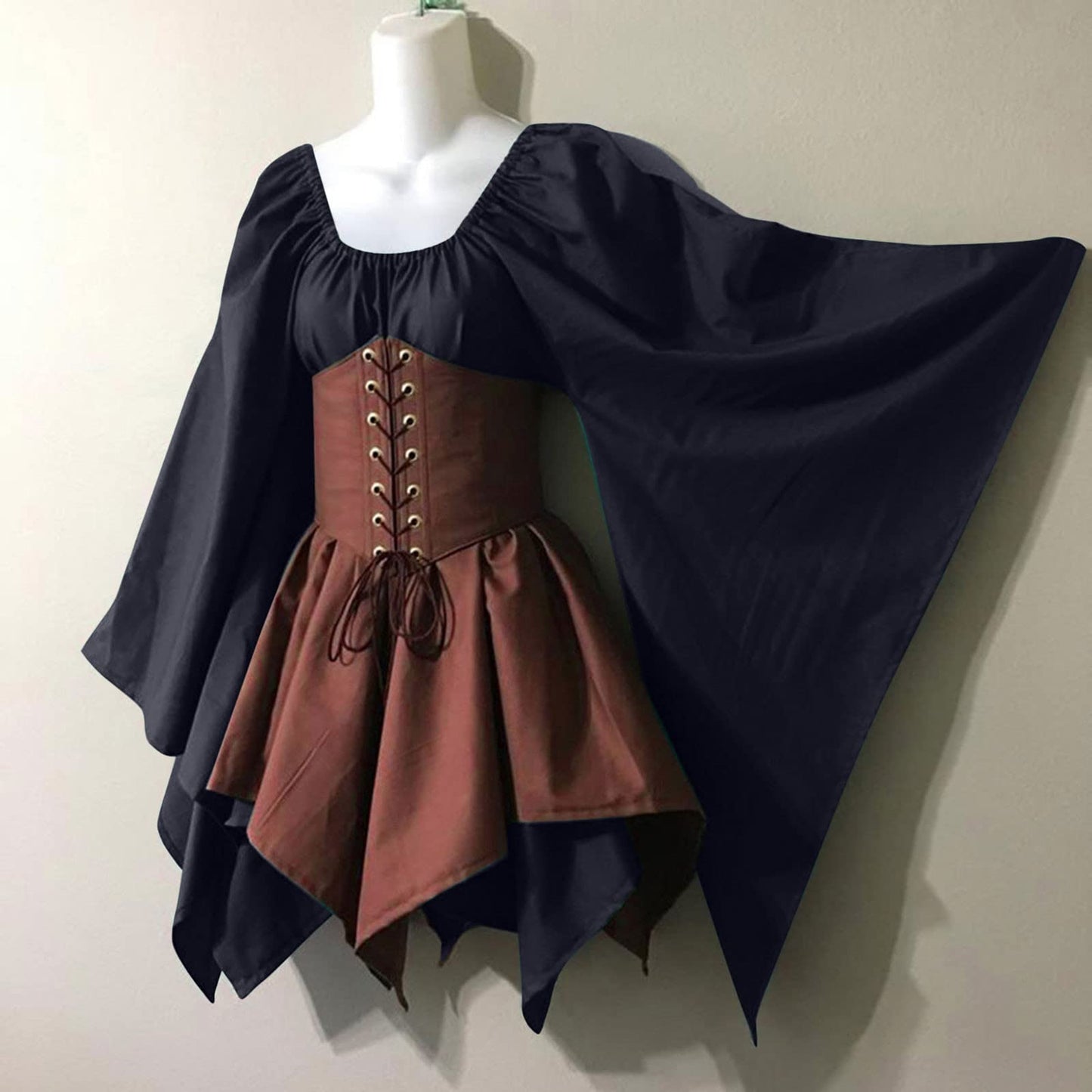 KEGIRLOM Max Subscription for Prime Members Women's Medieval Renaissance Dress Costume Flare Sleeve Corset Skirt Overskirt Elven Archer Irish Over Gown 2pcs Set,Medieval Dress for Women Hooded