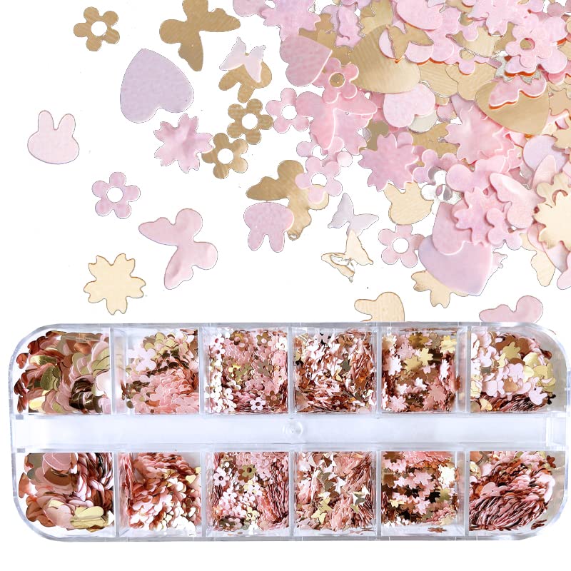 AddFavor 4 Boxes Nail Glitter Sequins Kit Mixed Shape Holographic Butterfly Flower Round Heart Nail Art Flakes for Women Body/Face/Hair/Acrylic Nails Decoration Designs Accessories