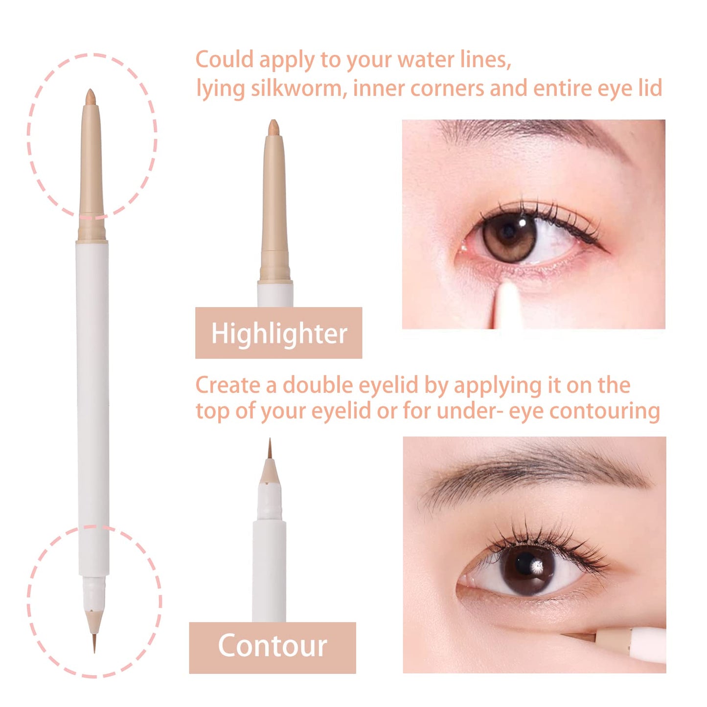 3PC Double Ended Highlighter Makeup Pen, Glitter & Matte Nude EyeLiner & Eyeshadow, Liquid Contour Liner 2 in 1 Eye Brightener Make Up Stick, Mulit-Funtional Long Lasting Lying Silkworm Pencil ( #01, #02, #04)
