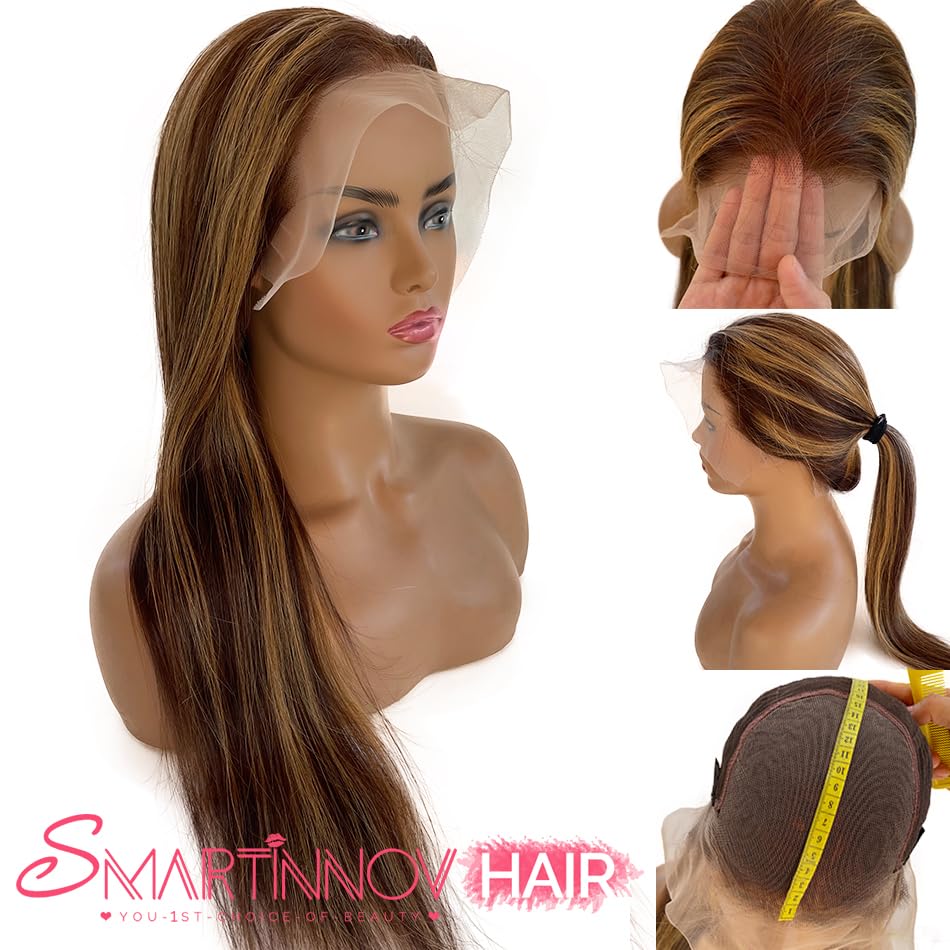 24 Inch Highlight Ombre Blonde Lace Front Wig Human Hair Pre Plucked 13x6 HD Transparent Lace Front Wig 4/27 Brown Highlight Honey Blonde Lace Frontal Wigs Ombre Blonde Human Hair Wigs for Women