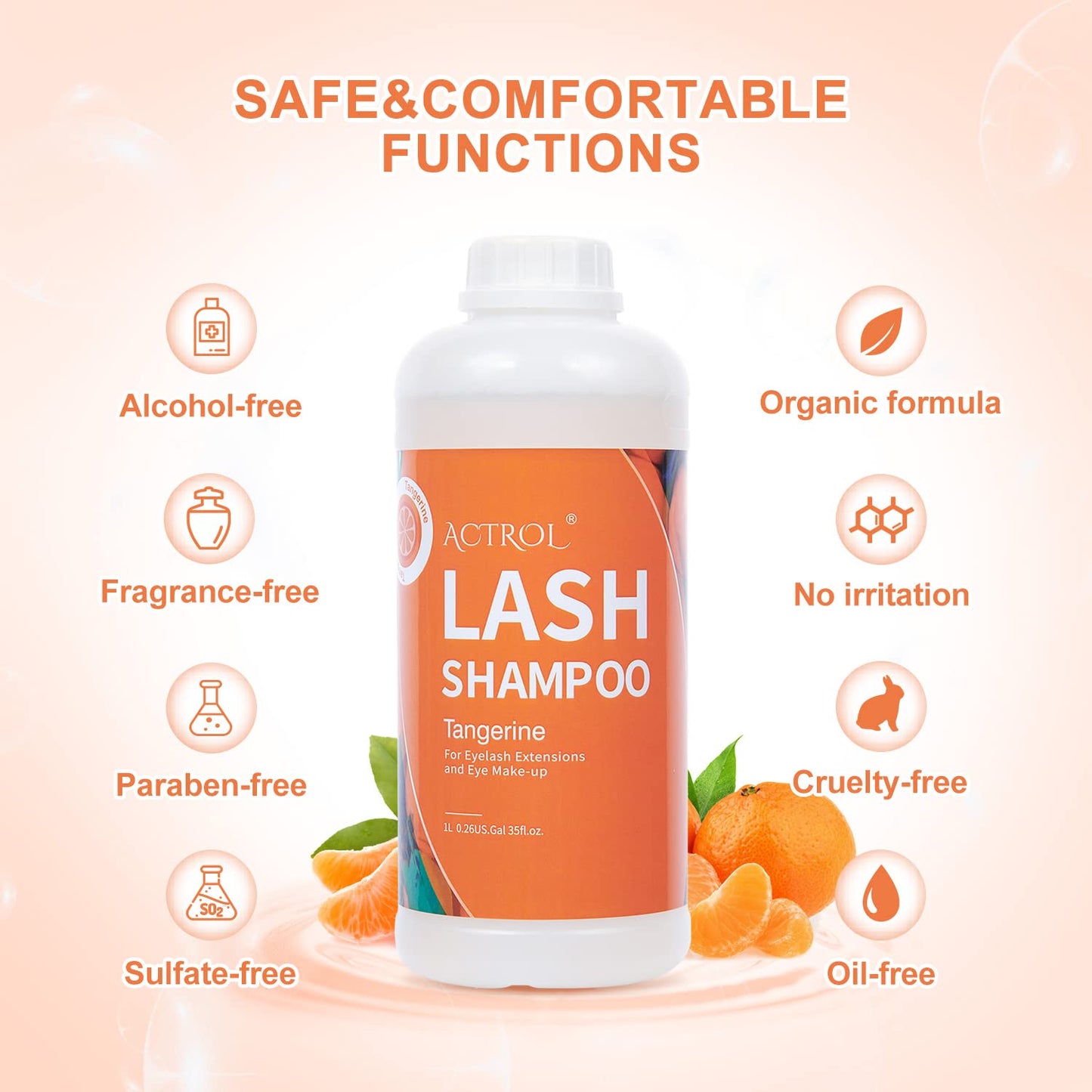 ACTROL Eyelash Extension Cleanser Tangerines 1L Natural Lash Extension Shampoo Professional Eyelid Foaming Cleanser Paraben & Sulfate Free Non-lrritating with Salon and Home Care