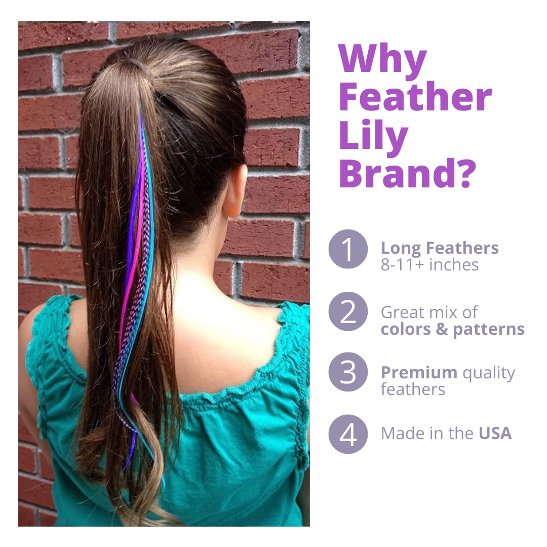 Hair Feathers and Tool Kit, Pink, Purple and Turquoise Feather Extensions with Beads, loop tool and pliers