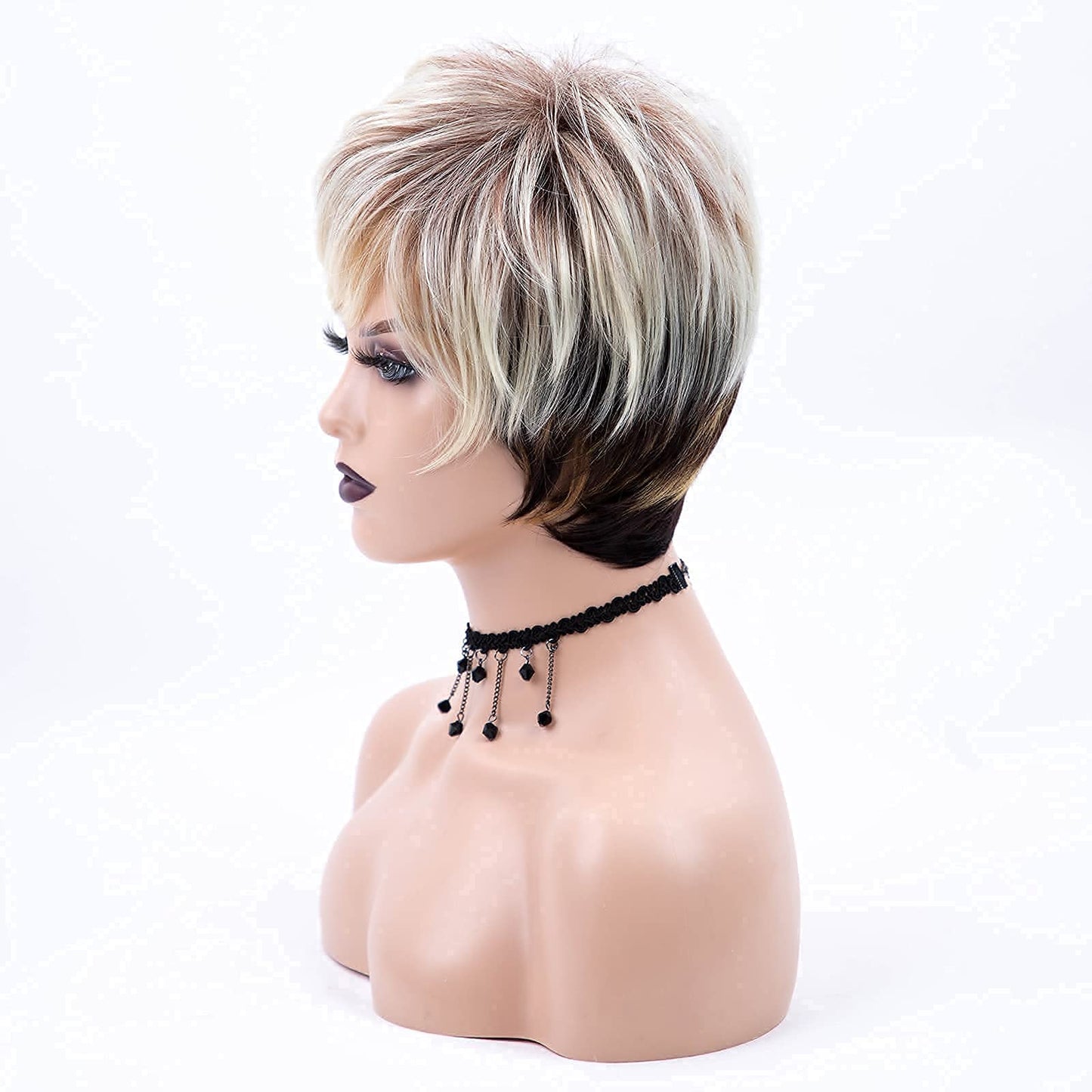 RENERSHOW Short Wigs for White Women Layered Brown Ombre Blonde Pixie Wig Synthetic Short Hair Wig with Bangs Mix Color Natural Looking Daily Party