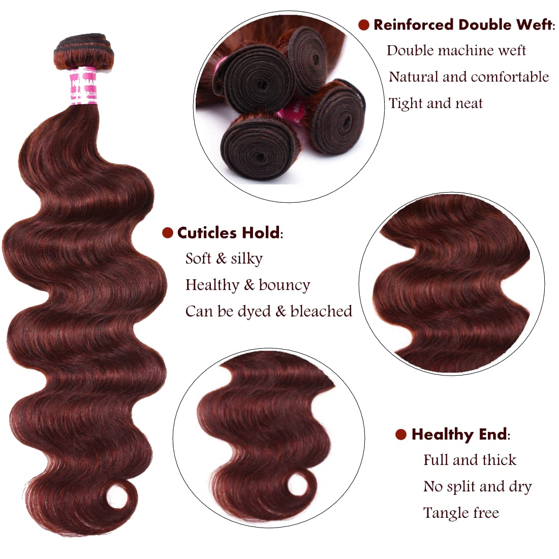 Julia Hair 12A Reddish Brown Body Wave Human Hair Weave 1 Bundle Human Hair for Women, Brazilian Remy Hair Auburn Brown Copper Red Human Hair Bundle Wavy Weaves for Sew in Extensions 33B Color 10 Inch