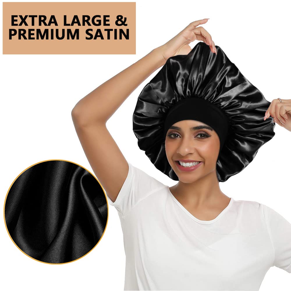3PCS Extra Large Satin Bonnets for Sleeping, Hair Bonnets for Black Women Braids Curly Hair, H