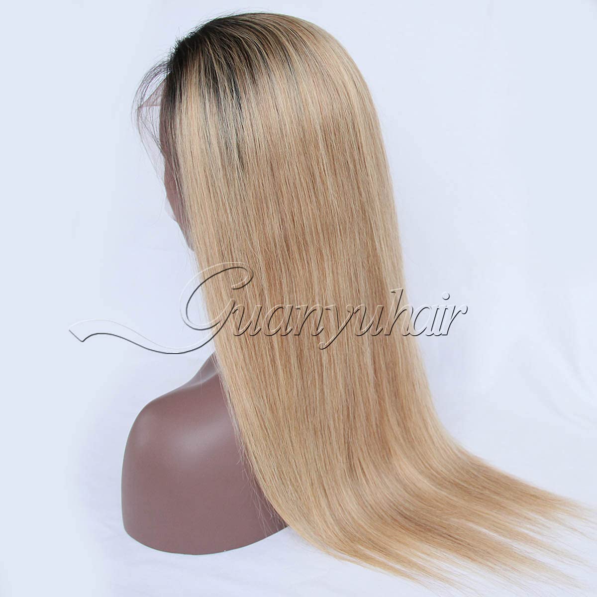 Guanyuwigs Ombre #1B/27 Honey Blonde 360 Lace Frontal Wig pre plucked Brazilian Human Hair Silky Straight Full Lace Wig For Black Women 150 Density 14inch