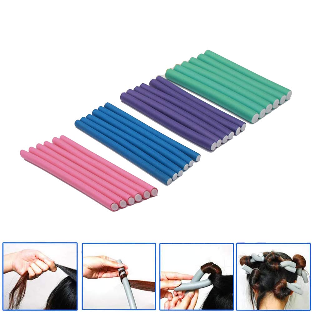 3 in 1 Pack 24 pcs Flexi Soft Hair Curler Rollers Curling Rods with Hair Dryer Bonnet Attachment and 4 Styling Clips (Hair Rollers + Purple Drying Hood)