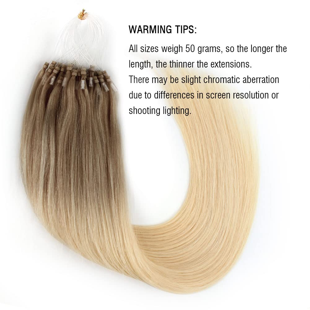 ABH AmazingBeauty Hair Micro Links Hair Extensions Human Hair 24 Inch Ash Brown Ombre Platinum Blonde Hair Extensions Micro Ring Ombre Blonde 50G 50S Micro Loop Hair Extensions Balayage Blonde