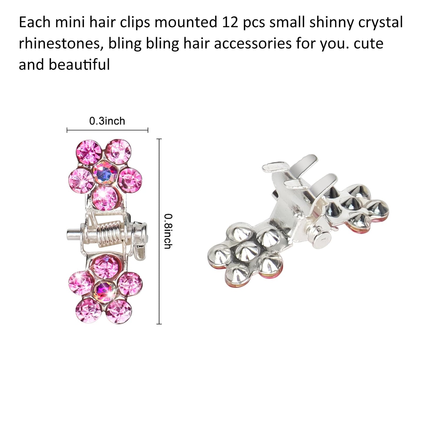 65PCS Mini Pink Flower Hair Clips with Rhinestone Mini Glitter Teeth Rhinestone Flower Hair Accessories - No-Slip Grip Metal Jaw Clamps for Girls Women (Silver-Pink Crystal)