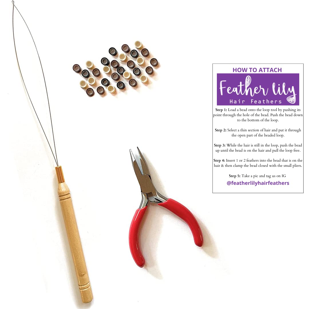 Hair Feathers and Tool Kit, Pink, Purple and Turquoise Feather Extensions with Beads, loop tool and pliers