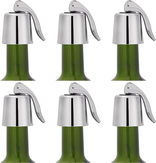 6Pcs Plastic Wine Stoppers, Reusable Wine Bottle Stopper with Silicone Seal, Wine Saver and Decorative Bottle Sealer, Beverage and Wine to Keep Fresh (Silver)