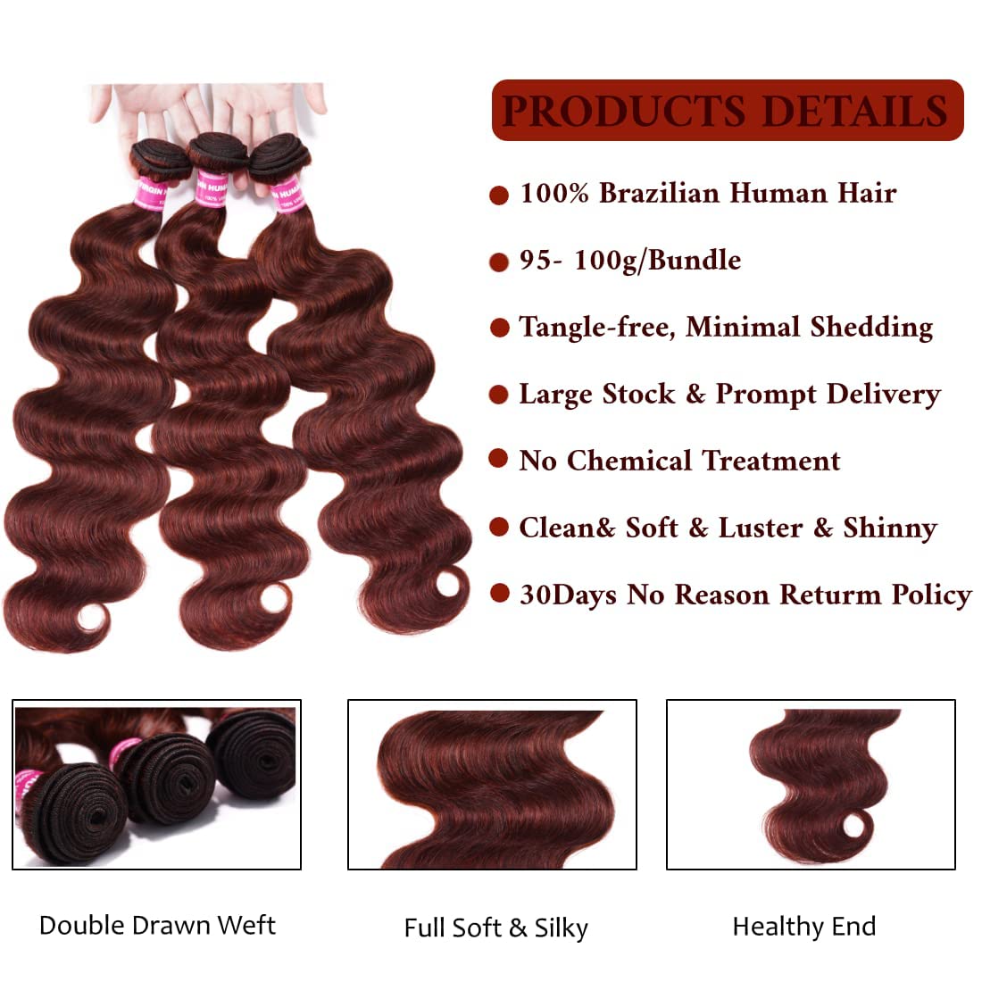 Julia Hair 12A Reddish Brown Body Wave Human Hair Weave 1 Bundle Human Hair for Women, Brazilian Remy Hair Auburn Brown Copper Red Human Hair Bundle Wavy Weaves for Sew in Extensions 33B Color 10 Inch