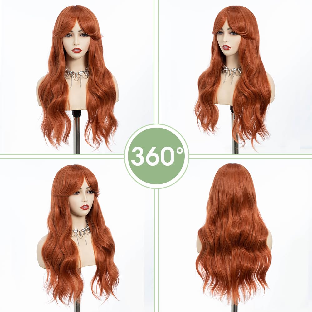 REBECCA STYLE Long Orange Wig with Bangs 24 Inch Long Wavy Wigs with Bangs for Women Synthetic Curly Wigs Hair Replacement Wigs for Girls Daily Party Use Natural Looking (Dark Orange)