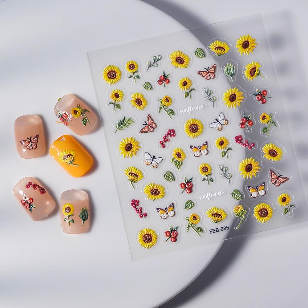 Sunflower Nail Art Stickers 5D Embossed Butterfly Nail Stickers Self-Adhesive Plant Sunflower Nail Decals for Women Girls Summer Fall Manicure DIY Nail Supplies