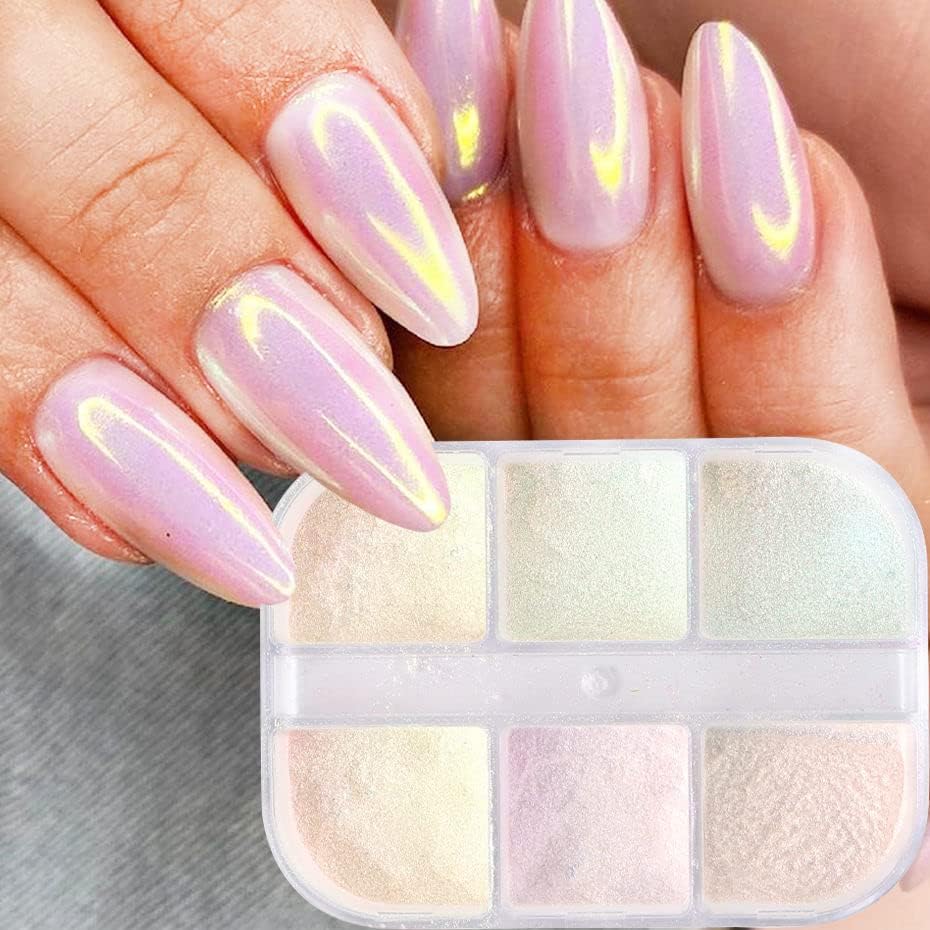 6 Colors Mirror Laser Aurora Chrome Powder for Nails,Nail Glitter Nail Powder, Chameleon Powder Chrome Iridescent Pigment Nail Art Glitters(6 grids)