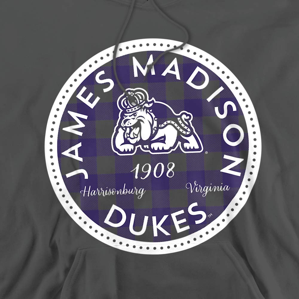 James Madison University JMU Official Plaid Badge Unisex Adult Pull-Over Hoodie,Charcoal, X-Large